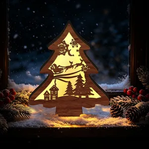 LED wooden Christmas tree night light with warm glow, festive desktop decoration scene.