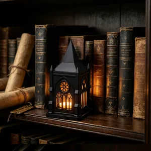 Gothic LED candle lantern night light, vintage church architectural decor for party.