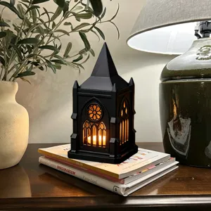 Gothic style LED candle lantern tabletop ornament, black architectural night light for party decor.