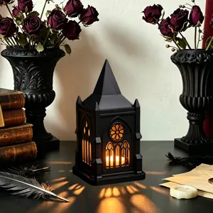 Gothic LED candle lantern night light for party decor, dark vintage castle aesthetic detail view.