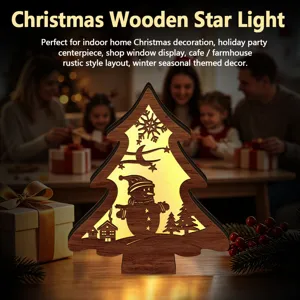 LED wooden Christmas tree light ornament, hollow glow holiday table home party decor.
