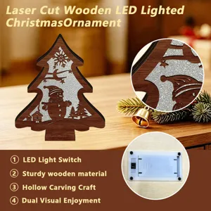 Laser cut wooden LED lighted Christmas tree ornament with hollow carving craft and switch.