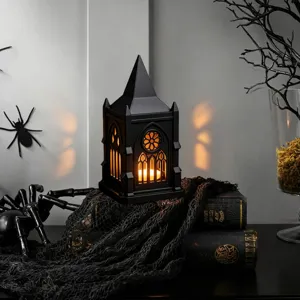 Gothic black castle LED candle night light desktop ornament for Halloween party decor.
