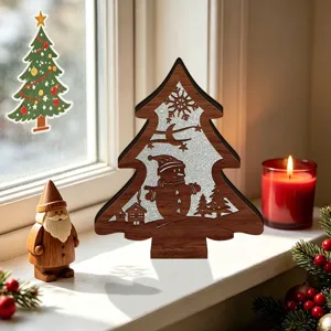 Wooden Christmas tree LED light glowing desktop ornament rustic holiday tabletop decor piece