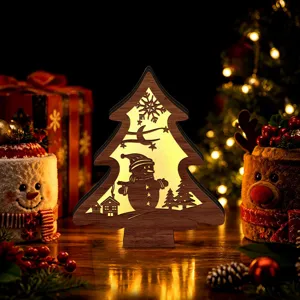 Wooden LED Christmas tree decor ornament festive desktop light up holiday season decor