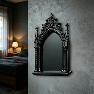 Gothic 3D schwarzes Wandregal, exquisites geschnitztes Bogendesign, perfekte Wanddeko.