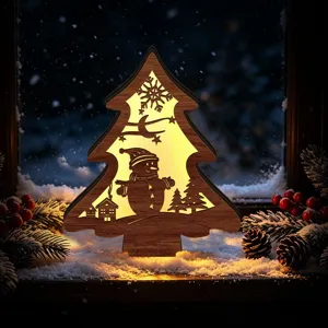 Detailed view of LED luminous wooden Christmas tree ornament with cute snowman scene inside.