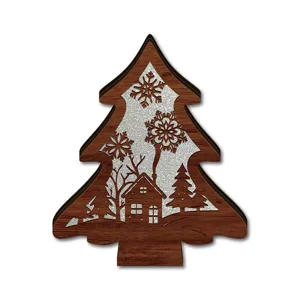 Wooden Christmas tree LED light tabletop ornament holiday winter snow house decor display.