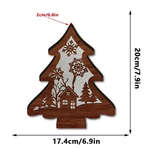 Wooden LED lighted Christmas tree table ornament with hollow winter scene design decor.
