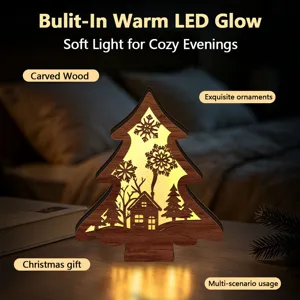 Wooden carved Christmas tree LED night light with warm glow for cozy holiday home decor.