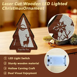 Laser cut wooden LED Christmas ornament detail featuring hollow carving craft and switch.