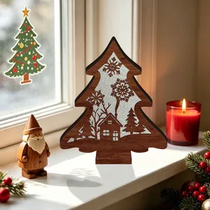 Wooden Christmas tree tabletop ornament with hollow house design for holiday decor.