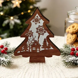 LED wooden Christmas tree ornament for holiday tabletop decoration with warm festive lighting.