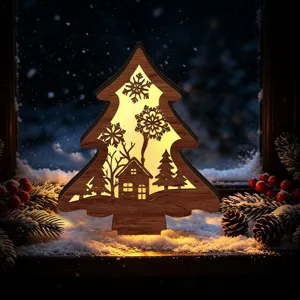 LED wooden Christmas tree decorative ornament with warm glow for holiday desktop decor.