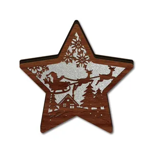 Detailed view of wooden star Christmas ornament with Santa reindeer silhouette and silver glitter.