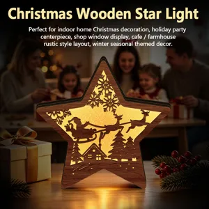 LED wooden Christmas star light decoration with hollow cutout design for holiday table setup.