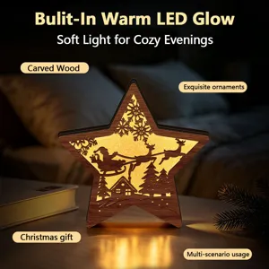 Wooden Christmas LED star night light with warm glow, cozy holiday home desk decoration.