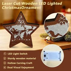 Laser cut wooden LED lighted Christmas star ornament with hollow carving and switch.