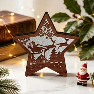 LED wooden Christmas star tabletop decoration with hollow cut out festive holiday design.