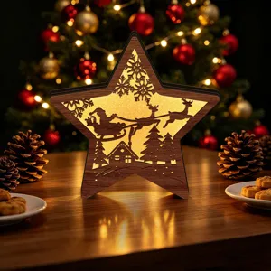 Wooden LED Christmas star ornament, hollow glowing holiday desktop decoration with warm lights.