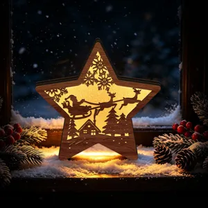 LED wooden Christmas star decoration, festive desktop light up ornament with warm glow.
