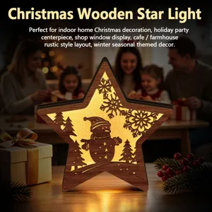 Detailed view of LED wooden star light for Christmas decoration, festive table tabletop decor.