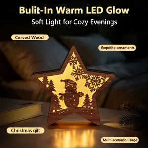 LED wooden Christmas star ornament with warm glowing light for cozy holiday desktop decor.