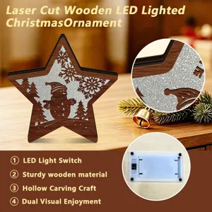 Detail of laser cut wooden Christmas star ornament with LED lights and hollow carved snowman.