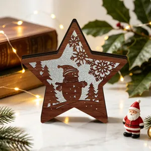LED wooden Christmas star ornament desktop decoration with glowing snowman and glitter.