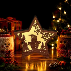 LED wooden Christmas star ornament with snowman cutout, glowing holiday desktop decor light.