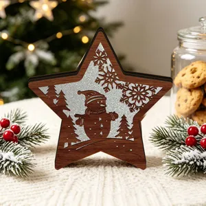 LED wooden Christmas star ornament featuring hollow snowman design for holiday table decor