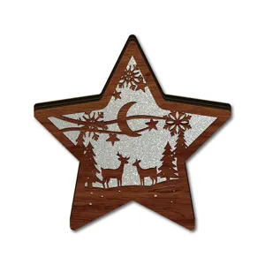 LED Wooden Christmas Star Decorative Ornament with Deer and Snowflakes Desktop Decor