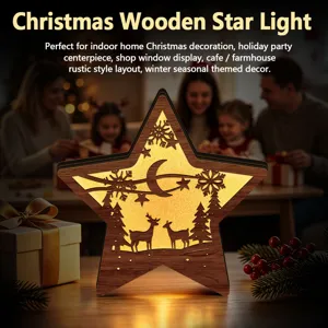 Christmas wooden star light, LED glowing hollow desktop decor for holiday party and home.