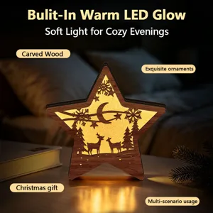 Exquisite carved wooden star night light with warm LED glow for cozy holiday room decor.