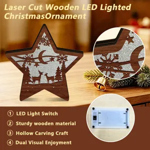 Laser cut wooden LED lighted Christmas star ornament detail showing hollow carving craftsmanship.