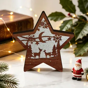LED wooden star Christmas ornament with deer and glitter background for holiday tabletop decor.