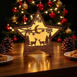 Wooden LED Christmas star night light detail showcasing warm festive deer and forest silhouettes.