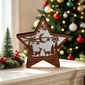 Wooden Christmas star LED lighted desktop ornament holiday tabletop decor decoration detail