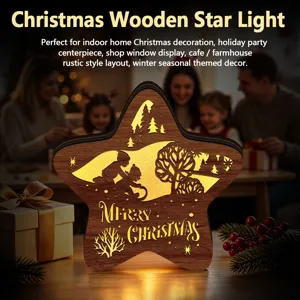 Close-up detail of the wooden Christmas star light featuring glowing LED cutout scenery.