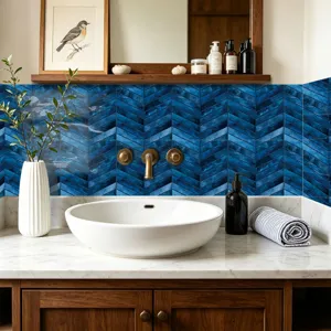 Blaue Fischgräten Fliesenaufkleber für Wanddeko, wasserdichte Küchenrückwand Folie.