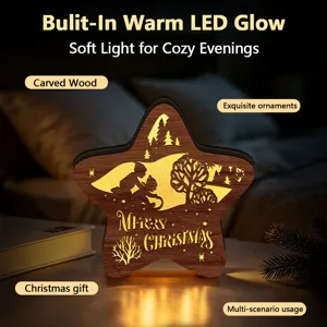Detail view of wooden star Christmas LED night light, warm glow creating cozy holiday ambiance.