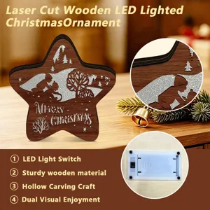 Laser cut wooden LED lighted Christmas star ornament with hollow carved winter scenery design.