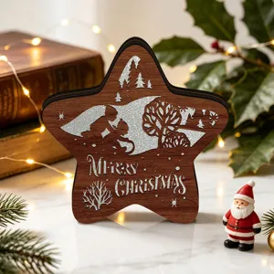 Wooden Christmas star tabletop decoration with LED light, festive holiday home decor.