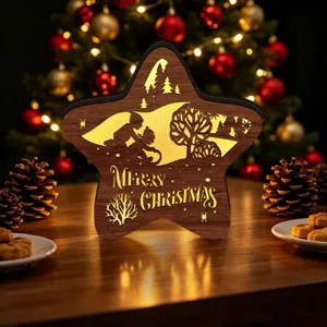 LED Wooden Christmas Star Ornament Desktop Light Holiday Decor Festive Warm Glow Tablepiece