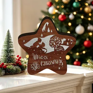 Wooden Christmas star ornament with LED lights, desktop table festive holiday decor item.