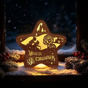 Wooden LED glowing Christmas star decoration ornament for festive desktop home decor.