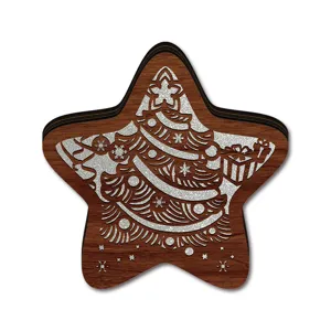 Detailed view of wooden star Christmas tree ornament with silver glitter laser cut design.