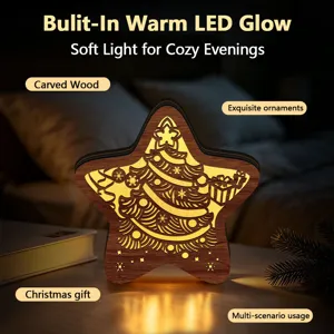 LED wooden Christmas star light ornament with warm glow, perfect for desktop holiday decor.