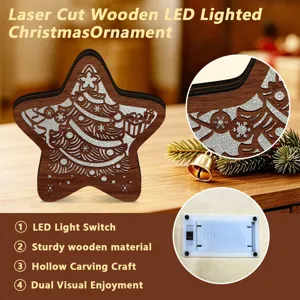 Wooden LED lighted Christmas tree ornament with laser cut hollow design for desktop decor.