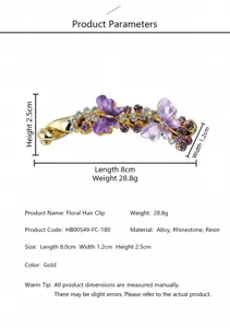 Gold alloy butterfly banana clip with purple resin and rhinestones, elegant hair accessory.